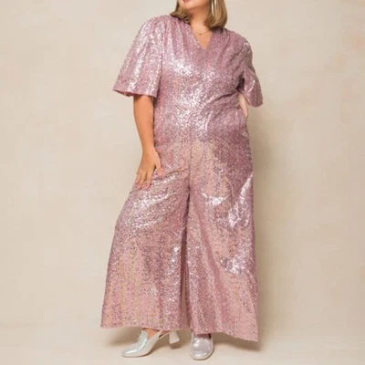 Mono de lentejuelas rosa con joyas Ivy City Co talla 3X pierna ancha fiesta vacaciones mameluco Foto 1 de 4