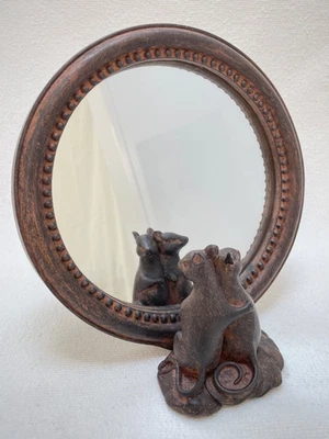 Shelf or Table Top Round Mirror With Two Curious Mice Brown Frame 7 inch - Image 1 of 4