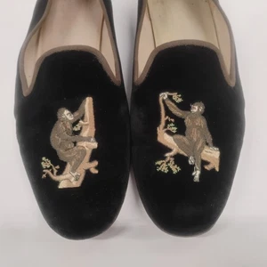 Zapatos mocasines Stubbs & Wootton de terciopelo negro para mujer talla 10,5 bordado mono - Imagen 1 de 21