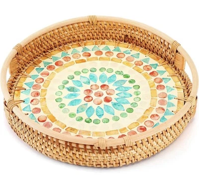 Round Rattan Tray with Mother of Pearl 11.8'', Decorative Wicker Red & Blue - Image 1 of 4