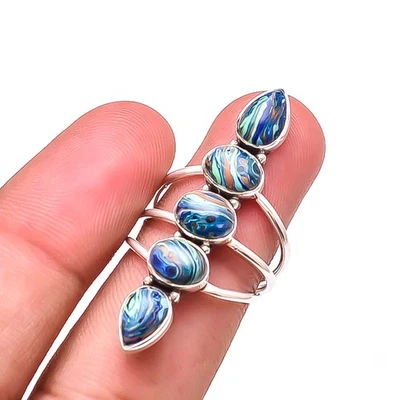 Blue Rainbow Calsilica Five Stone Designer 925 Sterling Silver Ring S.8 R11 - Image 1 of 4