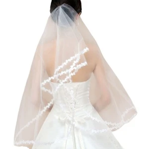 1M Single Layer Women Short Sheer Mesh Tulle Wedding Veil White Small Leaf Appli - Picture 1 of 8