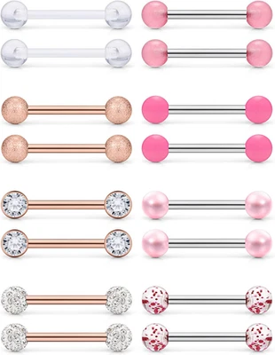 8-12 pares de anillos para pezones de acero quirúrgico 14G 16G anillos para lengua barra pezón di Foto 1 de 4