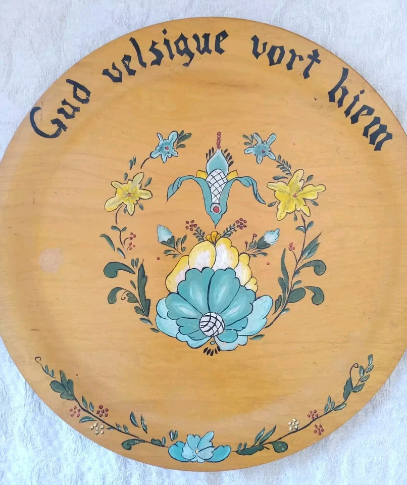 Hand Painted Vtg Tole Ware Norwegian Solid Wood Plate Tray Folk Art Gud Velsigue - Image 1 of 4