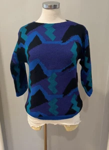 Vintage Jantzen Sweater 1980s Women's Small Geometric Neon Blue 3/4 Sleeve - Picture 1 of 9