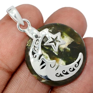 Crescent Moon & Star - Natural Chrome Chalcedony 925 Silver Pendant CP55275 - Picture 1 of 1