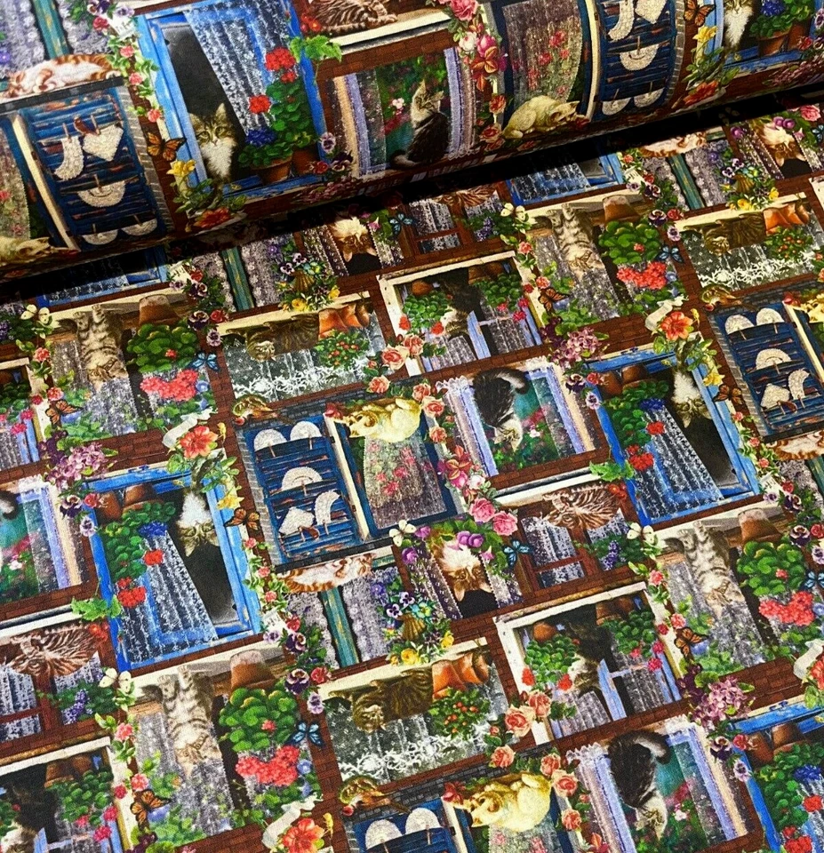 Stoff Meterware Baumwollstoff 110 cm Patchwork Blumen Katzen Fenster Rosen Bunt - Bild 1 von 4