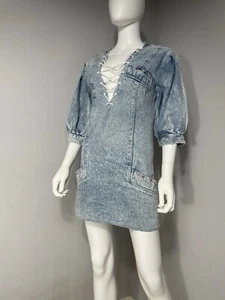 Vintage Washed Denim Mini Dress Size 10 Lace-Up Balloon Sleeve Embroidered - Picture 1 of 10