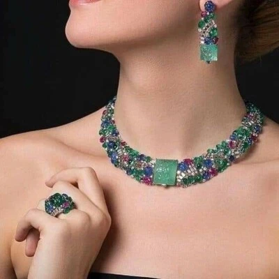 Carved Gemstone Jewelry Necklace Set Silver Handmade Joaillerie High Jewelry - Image 1 of 4