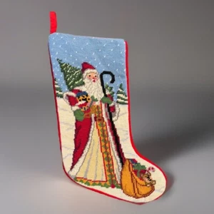 VTG Needlepoint Christmas Stocking Wool Velvet Santa 19” - Picture 1 of 9