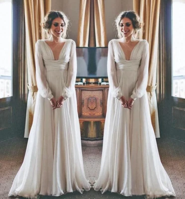 Modesto Hippie Boho Vestidos de Noiva de Praia Manga Comprida Decote V Plus Size Chiffon - Imagem 1 de 4