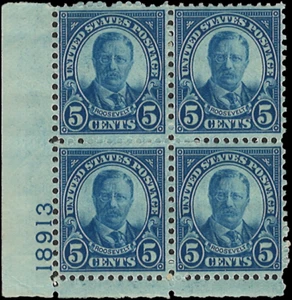 Scott # 637-US Plate Block Of 4-Theodore Roosevelt-5 c- MNH-1927 - Picture 1 of 1