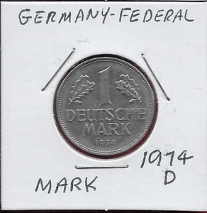 BUNDESREP 1 DEUTSCHE MARK 1974-D DEUTSCHER ADLER,PRÄGEZEICHEN UNTEN,ZWEI EICHEN - Bild 1 von 2