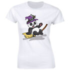 Funny Panda Riding a Broom with Cat and Witch Hat Women's Halloween T-Shirt