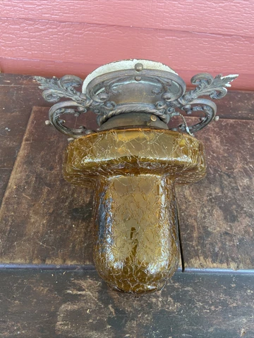 Arts & Crafts Cast Bronze Flush Mount Light w Amber Crackle Art Glass Mid evil Cover