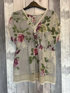 Johnny Was 100% Silk Floral Lace Trim Top Blouse Shirt Size Small - Picture 1 of 6