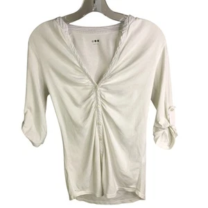 Three Dots Ruched Top Womens Small AJ4B302 White Deep V-Neck Button Down - Picture 1 of 6