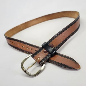 Tooled Leather Belt 38 40 42 Scalloped Western Cowboy Brown Vtg Distressed USA - Picture 1 of 13