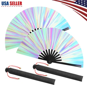 2X Large Rave Fan Clap Fans for Line Dancing Holographic Folding Party Hand Fans - Picture 1 of 9