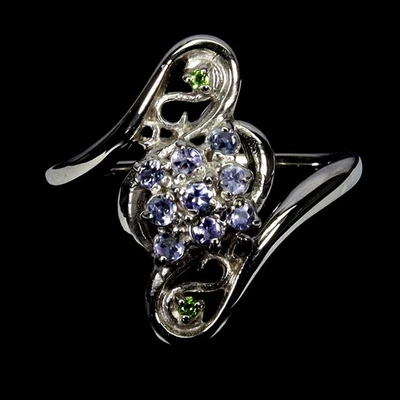 Anillo de plata de ley 925 redondo tanzanita cromo diopsido piedras preciosas joyería talla 9 Foto 1 de 4