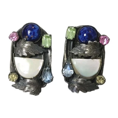Brincos Schiaperelli vintage c.1950 madrepérola e vidro artístico raros - Imagem 1 de 4