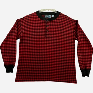 Vintage 90s Canyon River Blues Henley Shirt Mens XL Buffalo Plaid Red Black - Picture 1 of 11