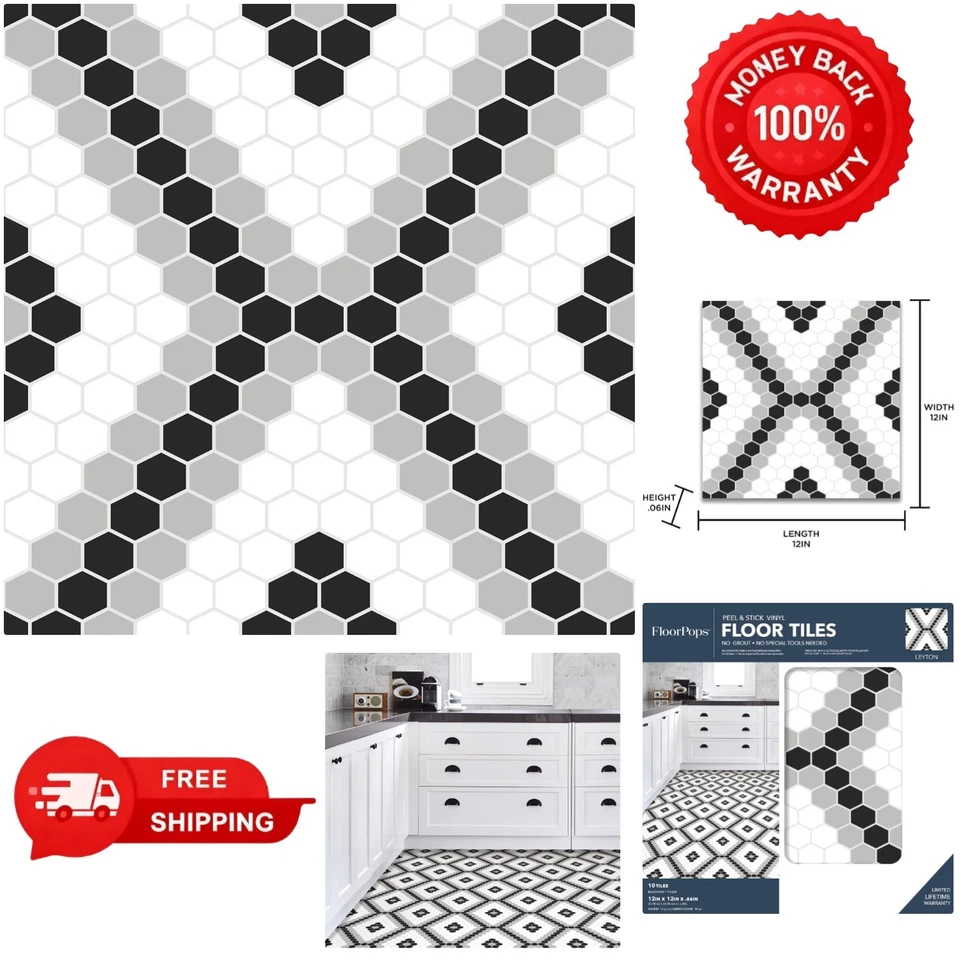 Floorpops FP2950 Leyton Peel & Stick Floor Tile Black 10 SQ FT