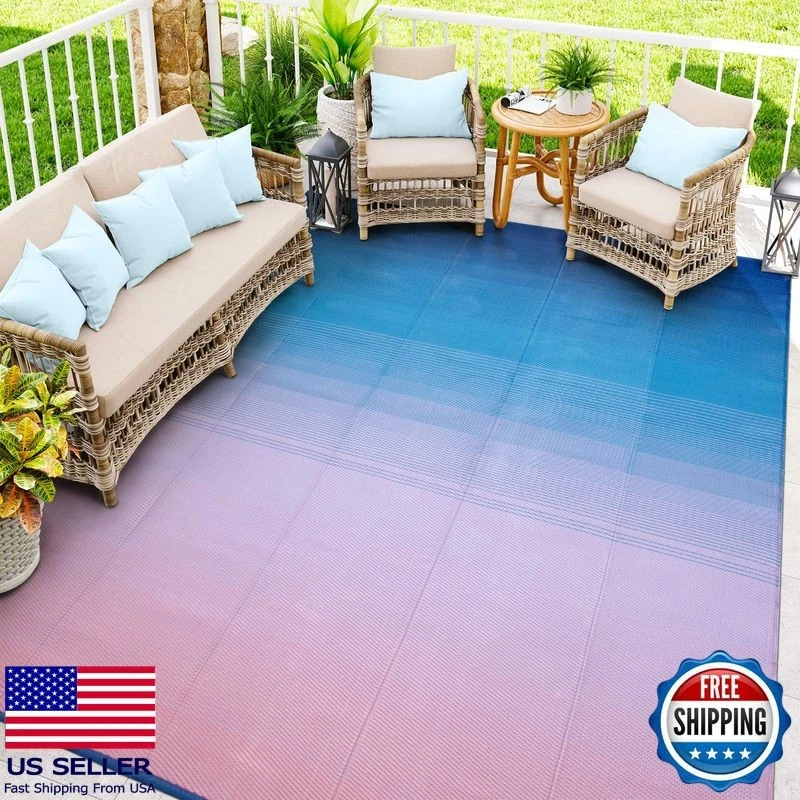 Alfombra de patio exterior 9x12, alfombra de paja de plástico reversible impermeable, azul rosa Foto 1 de 1