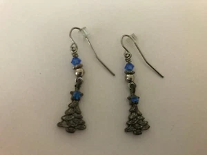 Vintage CHRISTMAS TREES Fashion Costume Dangle Earrings w/ Blue Stones - Picture 1 of 3