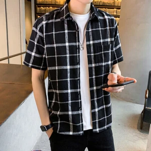 Mens Plaid Check Short Sleeve Collared Shirt Button-up Top Casual Blouse Summer - Picture 1 of 24