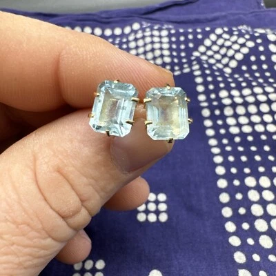 Vintage Art Deco 14k Gold Bezel Set Aquamarine Blue Emerald Cut Earrings - Image 1 of 4
