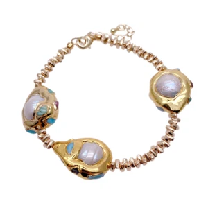 Cultured white Baroque pearl Blue Larimar Bracelet - Picture 1 of 6