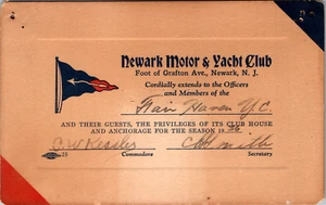 Vintage 1936 Newark Motor & Yacht Club Privilege Card for Fair Haven New Jersey - Foto 1 di 1
