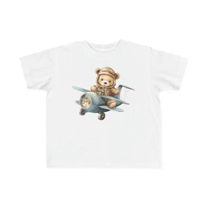 Brown Teddy Bear In Blue Airplane Toddler's Fine Jersey Tee - Picture 1 of 13