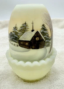 Fenton Church Winter Scene Uranium Custard Glass Fairy Lamp Hand Painted - Picture 1 of 8