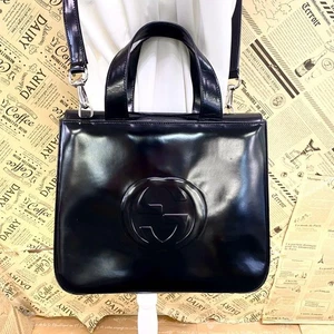 GUCCI Bolso de Hombro de Mano Esmalte GG Cuero Negro FR118 Formal Moda Accesorio - Imagen 1 de 12