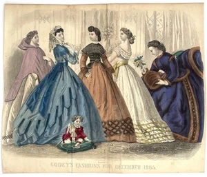Fashion / Hand-Colored Print from Godey's Lady's Book Dec 1865 - Imagen 1 de 2