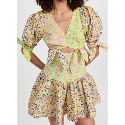 ALÉMAIS Floral Print Mini Dress Puff Sleeve Tie Cutout Backless Yellow US 10 - Image 1 of 4