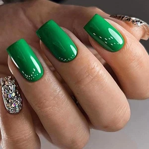 Green Press on Nails Short Medium Square Fashion Simple Fake Nails with Glitt... - Picture 1 of 6