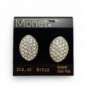 Vintage MONET Clear Pave Rhinestone Oval Stud Post Earrings - Picture 1 of 4