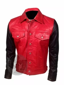 Men Trucker Justin Bieber Slim Fit Stylish Black Red Bomber Real Leather Jacket - Picture 1 of 6
