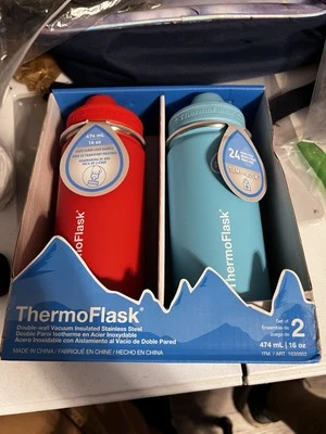 ThermoFlask 16 OZ botellas de agua de acero inoxidable para niños con tapa de pajita paquete de 2 rojo verde azulado Foto 1 de 3