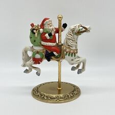 Vintage Porcelain Santa Claus on Carousel Horse Brass Stand Bisque Figurine