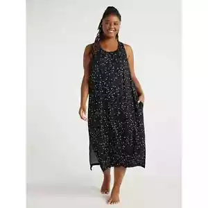 JOYSPUN MIDI SLEEVELESS NIGHTGOWN OR LOUNGE DRESS BLACK STARS POCKETS 3X - Picture 1 of 5