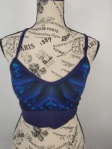 Alo Yoga Sport Bra Womens XS/S V Neck Cross Back Mesh Longlined Tank Logo Blue - Picture 1 of 8