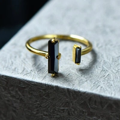 Natural Black Onyx Stone Ring Double Bar Open Ring Sterling Silver Ring US 7.5 - Image 1 of 4