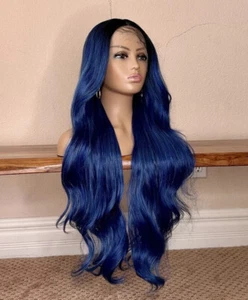 Lace Front Wig Blue Ombré Black Wavy Layered 26 Inch Long Heat Ok - Picture 1 of 9