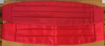 Vintage Pair 2 Matching Bright Red Satin Tuxedo Belt Formal Wedding Cummerbunds - Image 1 of 4