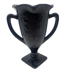 L E Smith Art Deco Black Amethyst Glass Loving Cup Vase 7" Dancing Nymphs 7”H - Picture 1 of 10