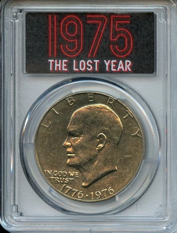 1976 (1975) Eisenhower Ike Dollar PCGS Brilliant UNC Rare "The Lost Year" Label Cover